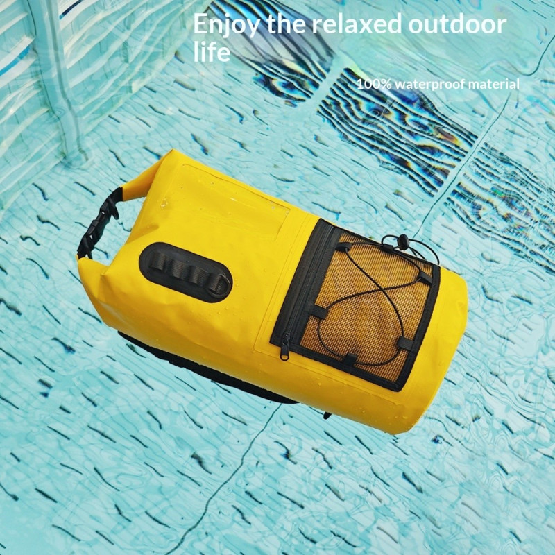 20-liter waterproof PVC backpack (IPX6) with roll-top closure and transparent window