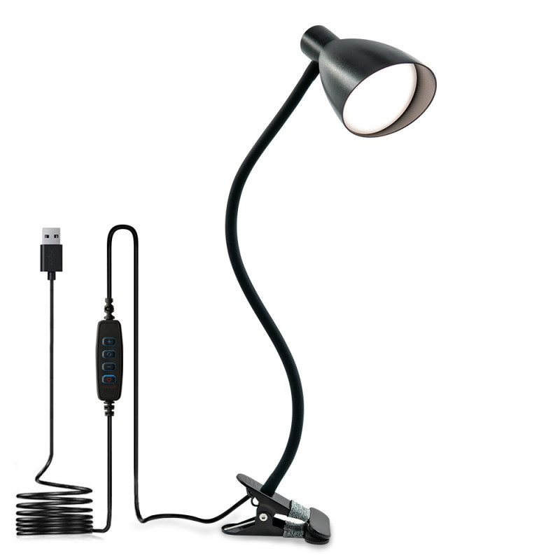 LED-skrivebordslampe med klemme – USB-drevet, 3 fargetemperaturer