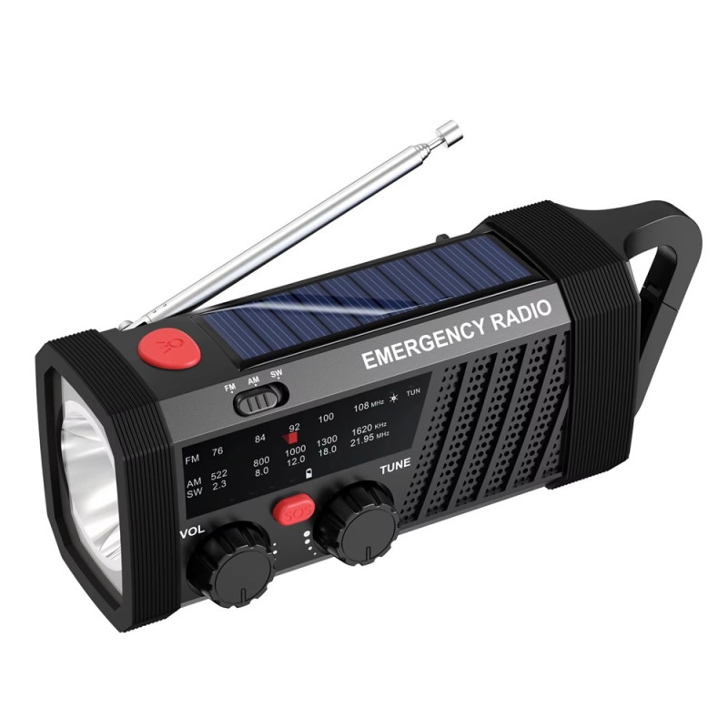 Kannettava hätäradio – aurinkokenno/kampi, 2000 mAh:n akku, AM/FM/SW, taskulamppu, SOS-hälytys