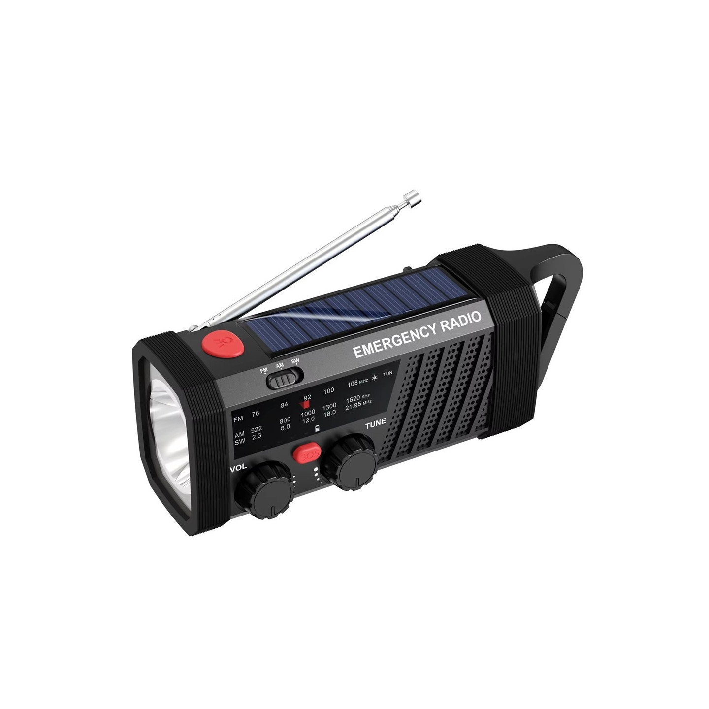 Udendørs nødradio – solcelle/håndsving, 2000 mAh-batteri, AM/FM/SW, lommelygte, SOS-alarm