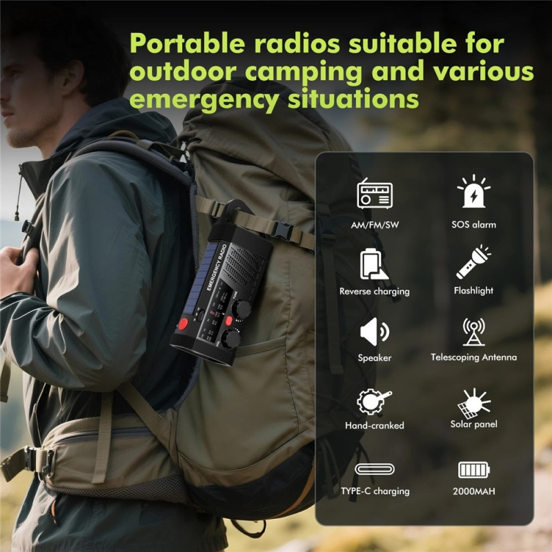 Udendørs nødradio – solcelle/håndsving, 2000 mAh-batteri, AM/FM/SW, lommelygte, SOS-alarm