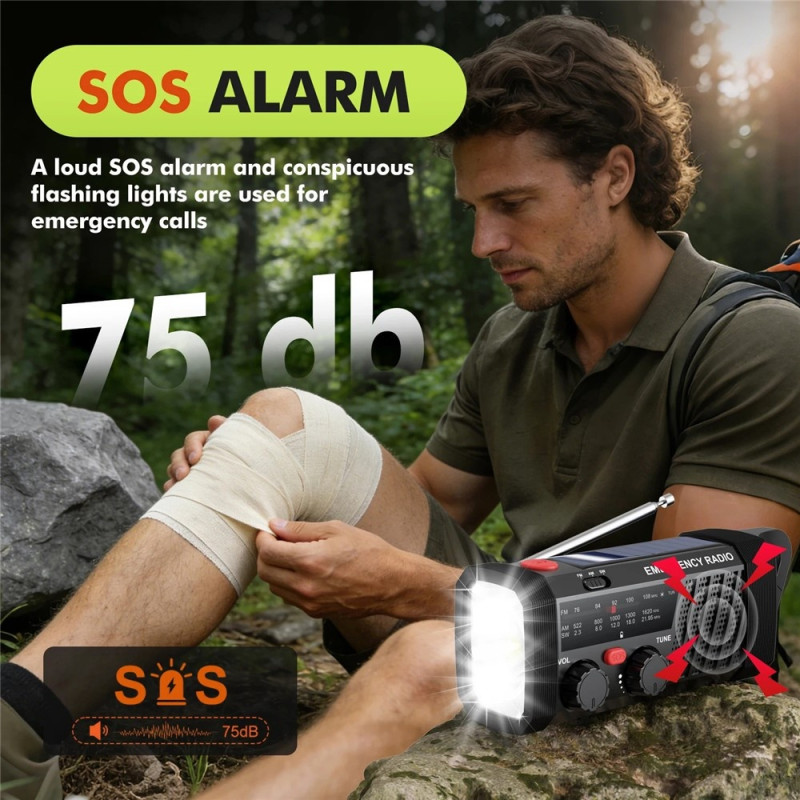Udendørs nødradio – solcelle/håndsving, 2000 mAh-batteri, AM/FM/SW, lommelygte, SOS-alarm