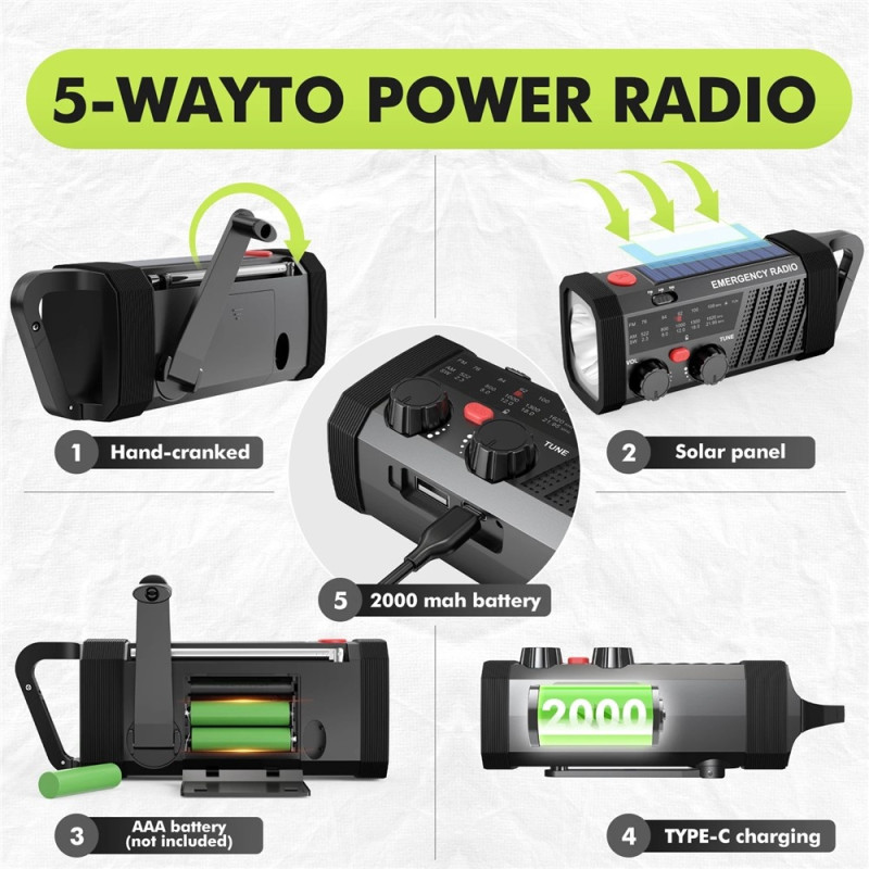 Udendørs nødradio – solcelle/håndsving, 2000 mAh-batteri, AM/FM/SW, lommelygte, SOS-alarm