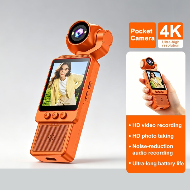 HD-actionkamera/4K-videokamera med roterbar linse og 4"-skærm – Orange