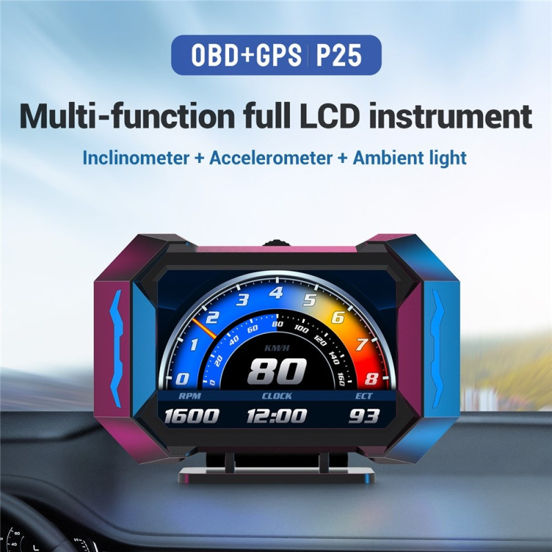 Speedometer-HUD (OBD/LCD), vanntemperatur, drivstofforbruk, helningsmåler