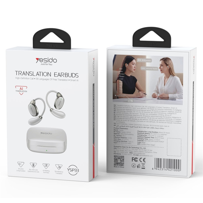 YESIDO-oversættelsesheadset – Bluetooth AI-oversættelse, Open-Ear – Hvidt