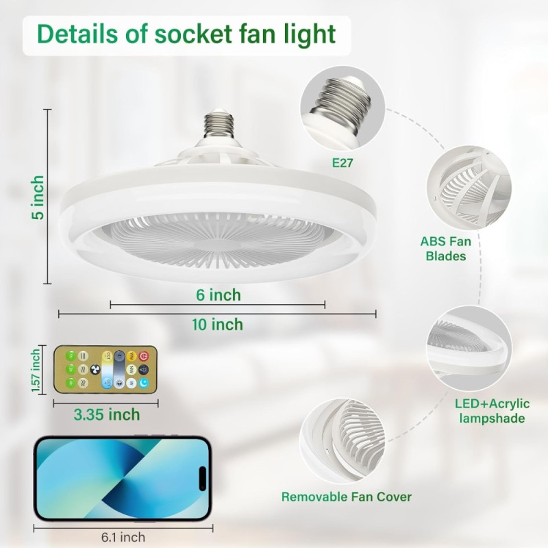 Loftsventilator E27 Roterbar mini blæser lampe fjernbetjening