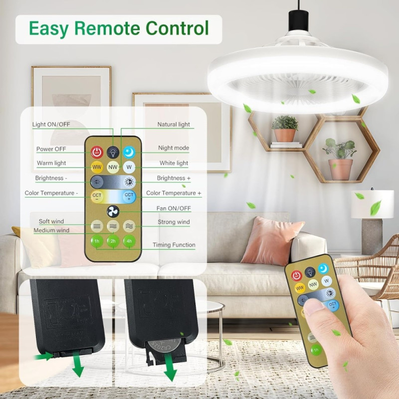 Ceiling Fan E27 Rotatable mini Fan Lamp with remote control