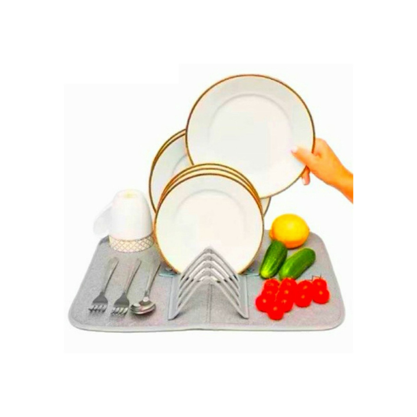 Dish rack: Foldable dish drying mat with a removable plastic rack for draining dishes.