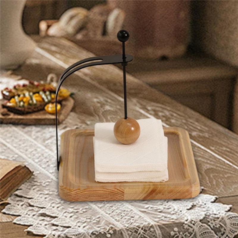 Napkin holder in pine and iron, 17.5 x 17.5 x 14.5 cm, with weighted ball pine/lacquered finish.