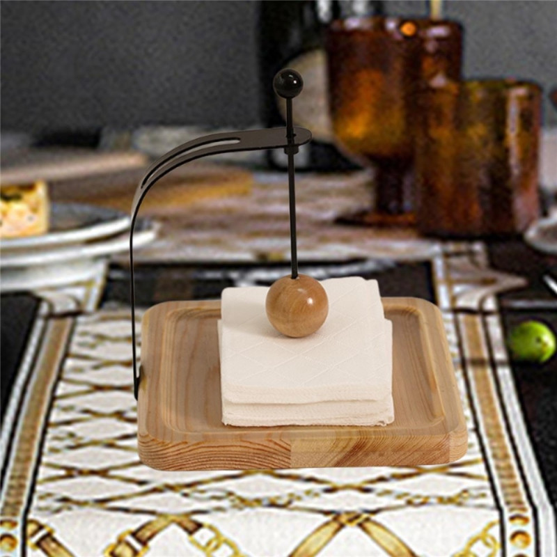 Napkin holder in pine and iron, 17.5 x 17.5 x 14.5 cm, with weighted ball pine/lacquered finish.