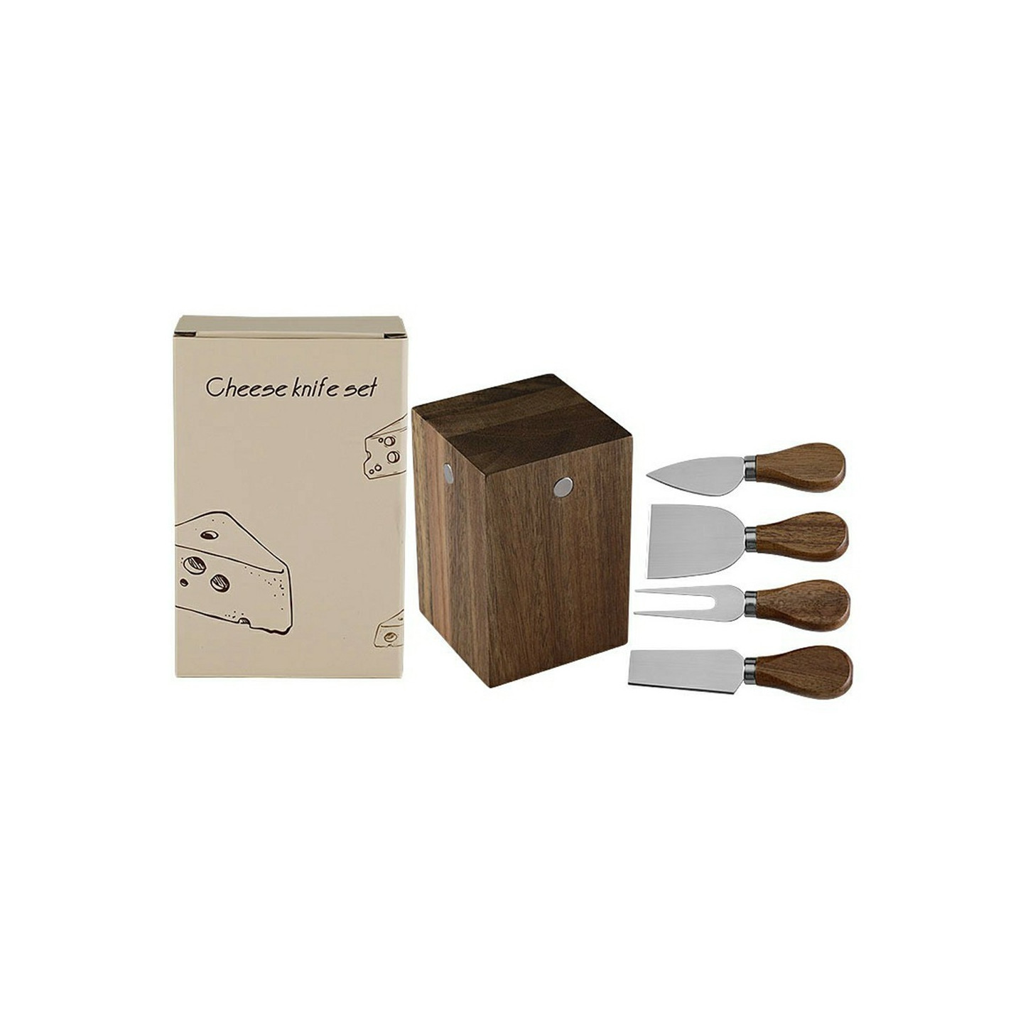 Set of 5 cheese knives with stainless steel blades and acacia wood handles + magnetic stand