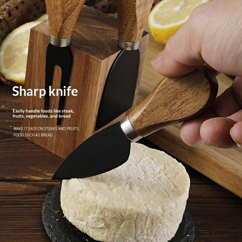 Sett med 5 ostekniver med blader i rustfritt stål og håndtak i akasietre + magnetisk holder