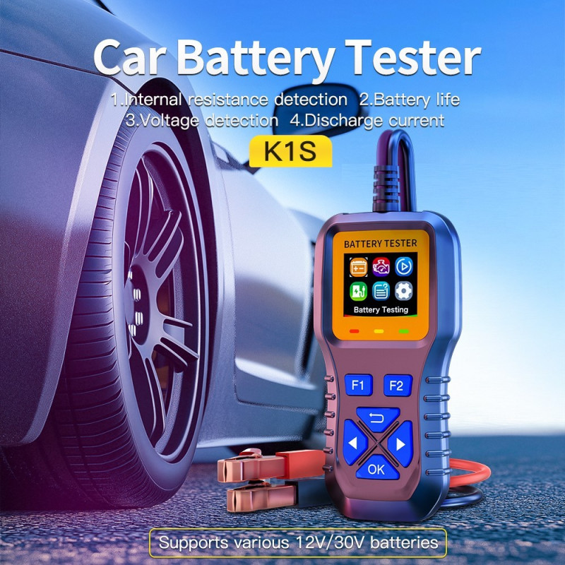 Batteritester for bil og motorsykkel (12 V, 24 V, 30 V) – for blybatterier (CCA, SOH, indre motstand)