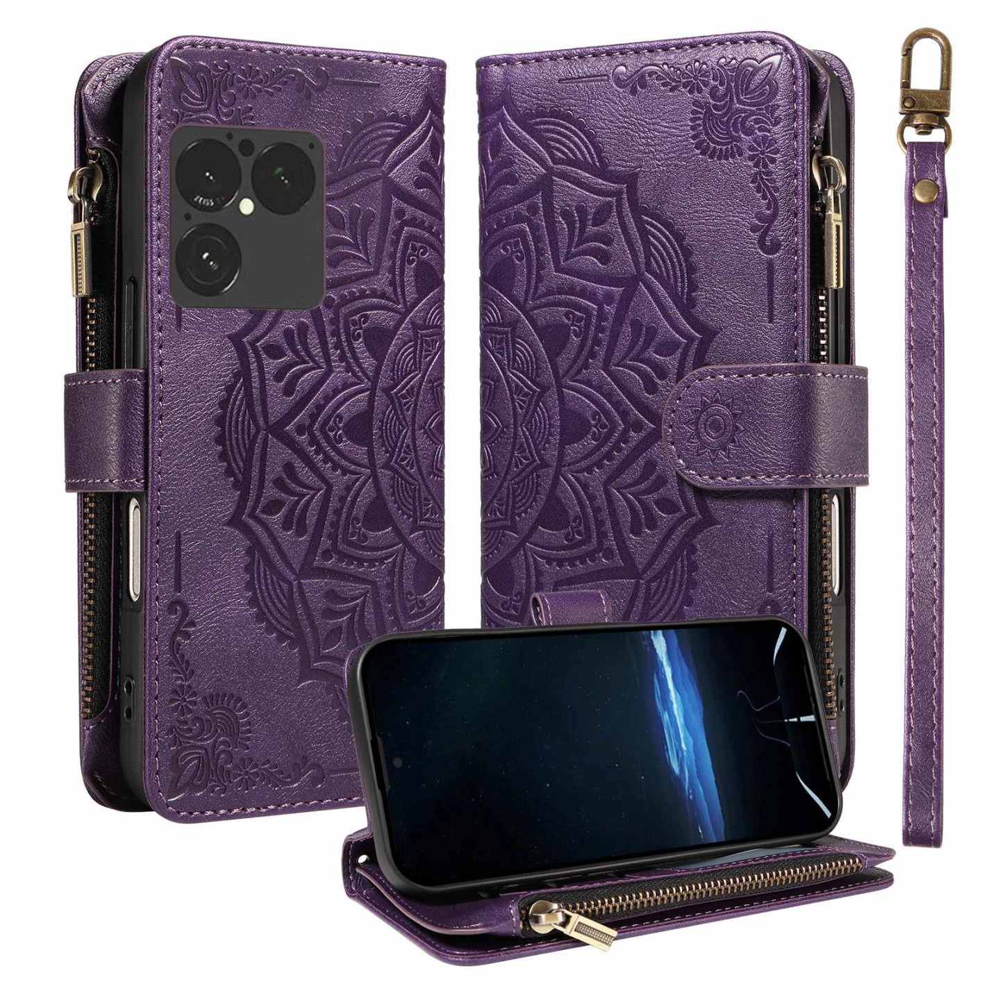 Mandala Embossed Phone Wallet Case with Wrist Strap for Sony Xperia 1 VIII