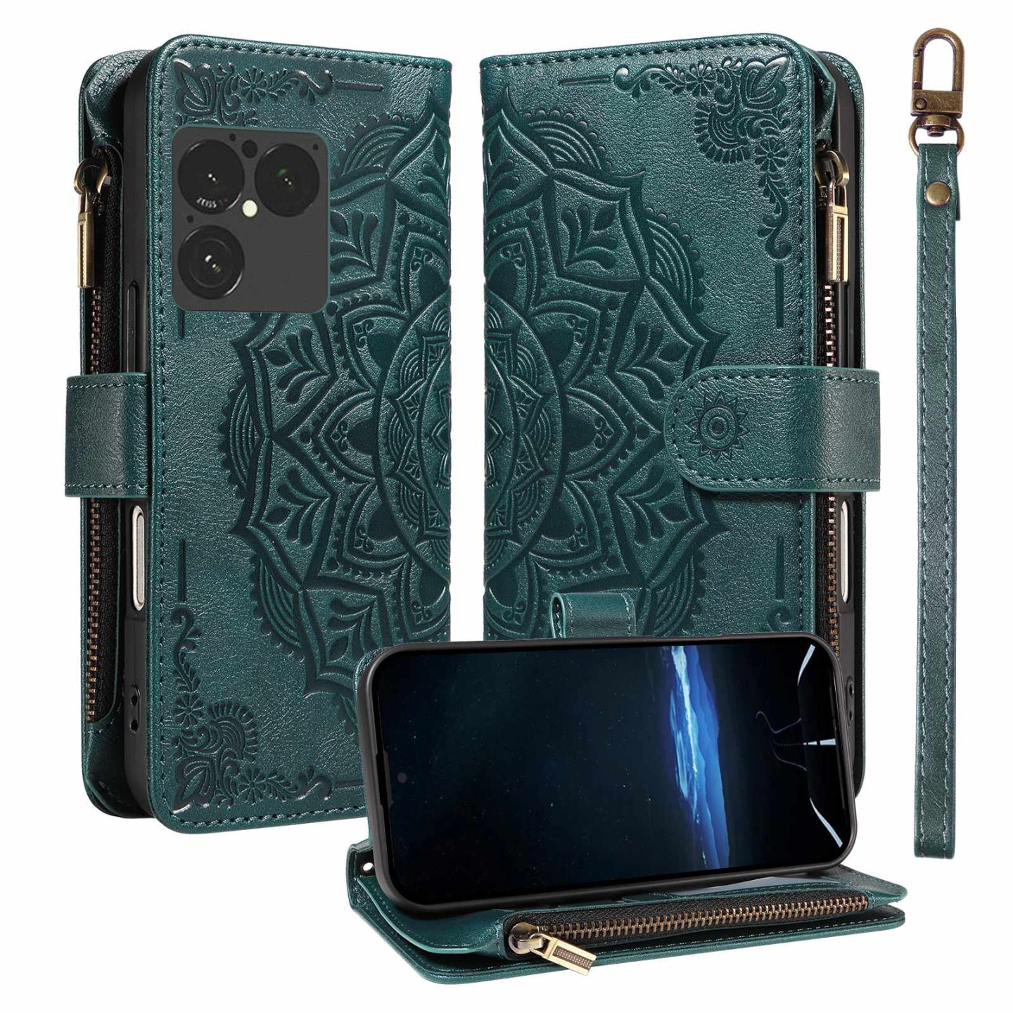 Mandala Embossed Phone Wallet Case with Wrist Strap for Sony Xperia 1 VIII