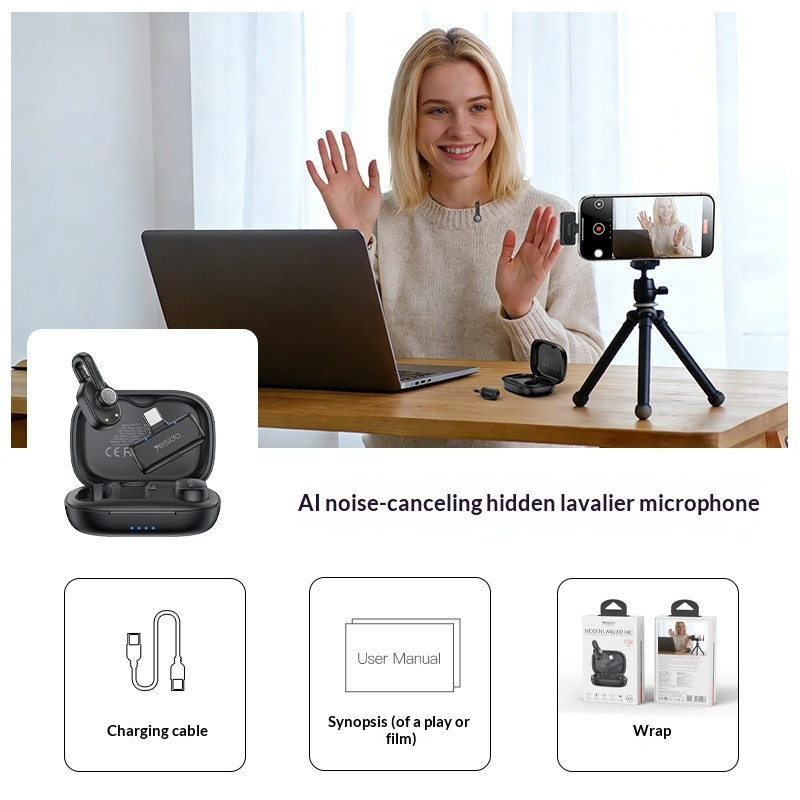Lavalier Microphone, USB-C Connector, AI Noise Reduction, 2 Microphones + 1 Receiver