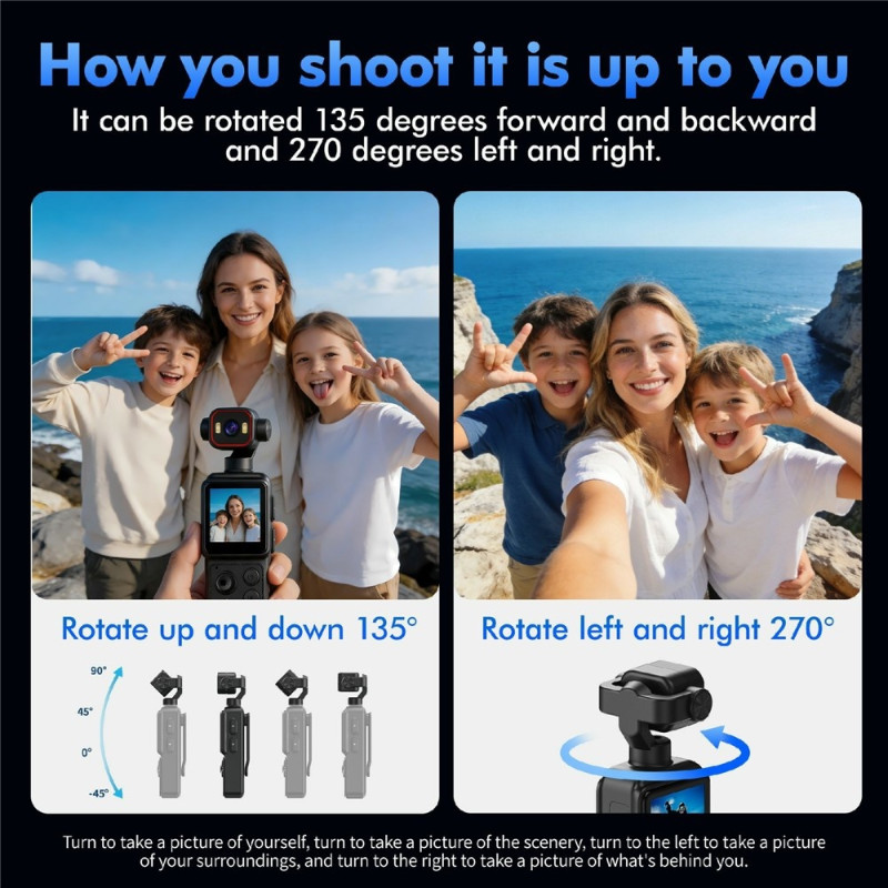 Actionkamera videokamera kamera 4K 270-graders roterbar linse Wi-Fi LED-belysning