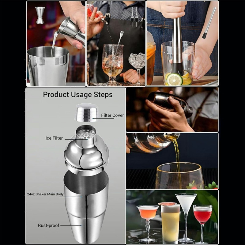 Cocktailsæt med 7 dele: shaker, målebæger, muddler, barske, hældetude, opskriftsbog