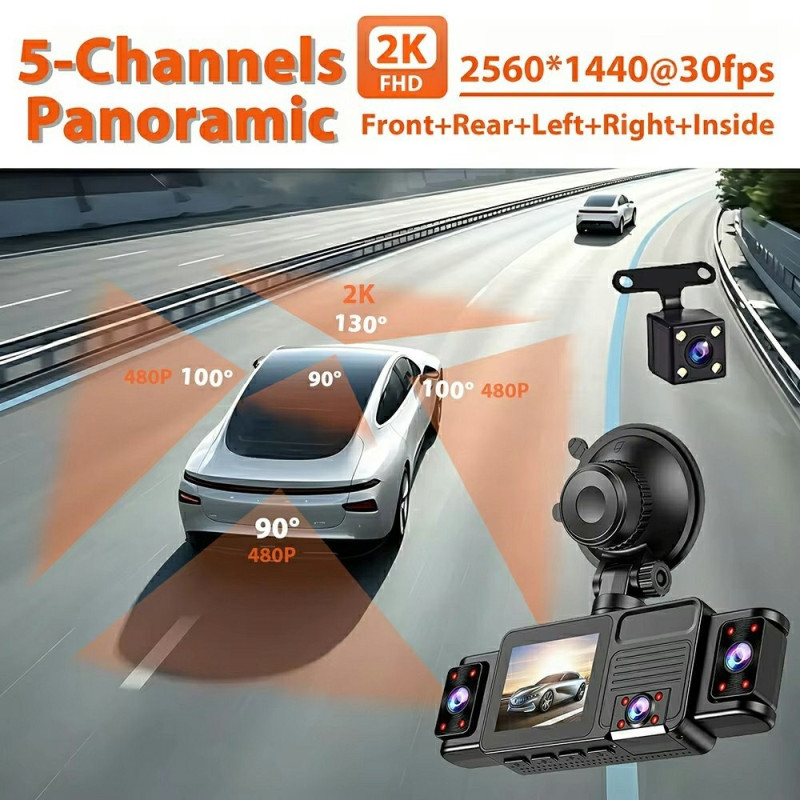 Car Camera 5-Channel 2K WiFi Dashcam - 360-degree panoramic car camera
