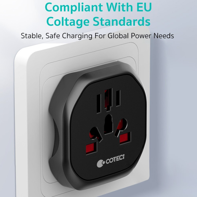 COTECI universell reiseadapter og strømomformer (US/UK/EU)