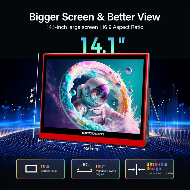 EMODERN 14,1-tommers bærbar TV-skjerm, Android 15.0, 8K-video, Dual-Band Wi-Fi 6, 2+16 GB