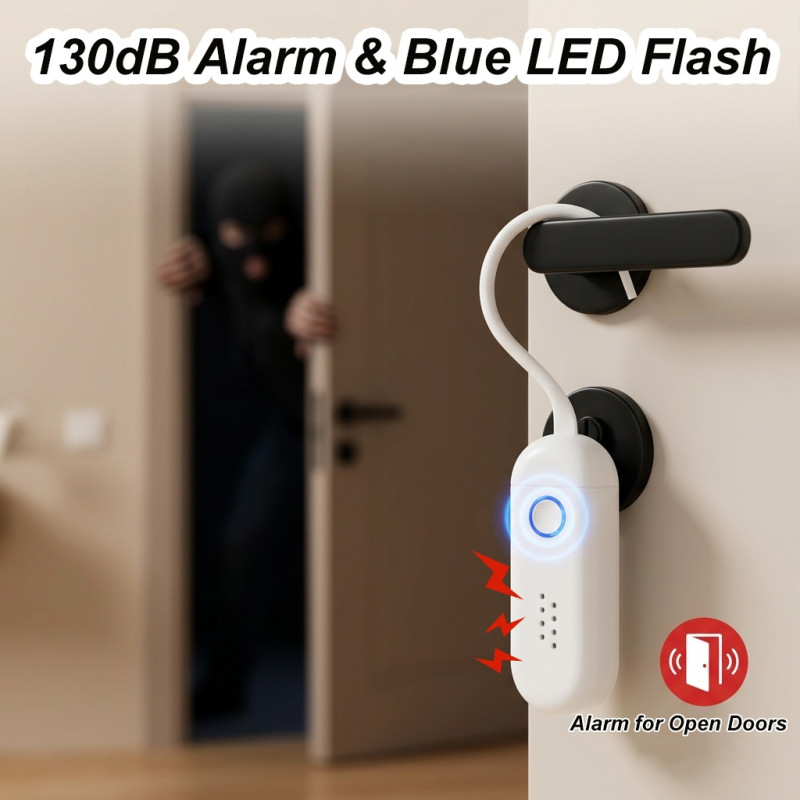 130 dB Door and Window Alarm – Sound and Flashing Light Alarm for Door Handles + Remote Control