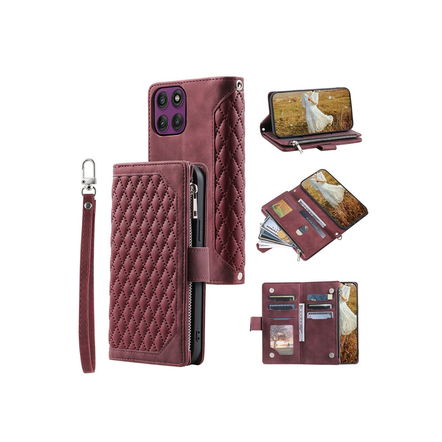 Puhelimen lompakkokotelo rombikuvioisilla tikkauksilla Motorola Moto G37 5G / G47 5G puhelimille