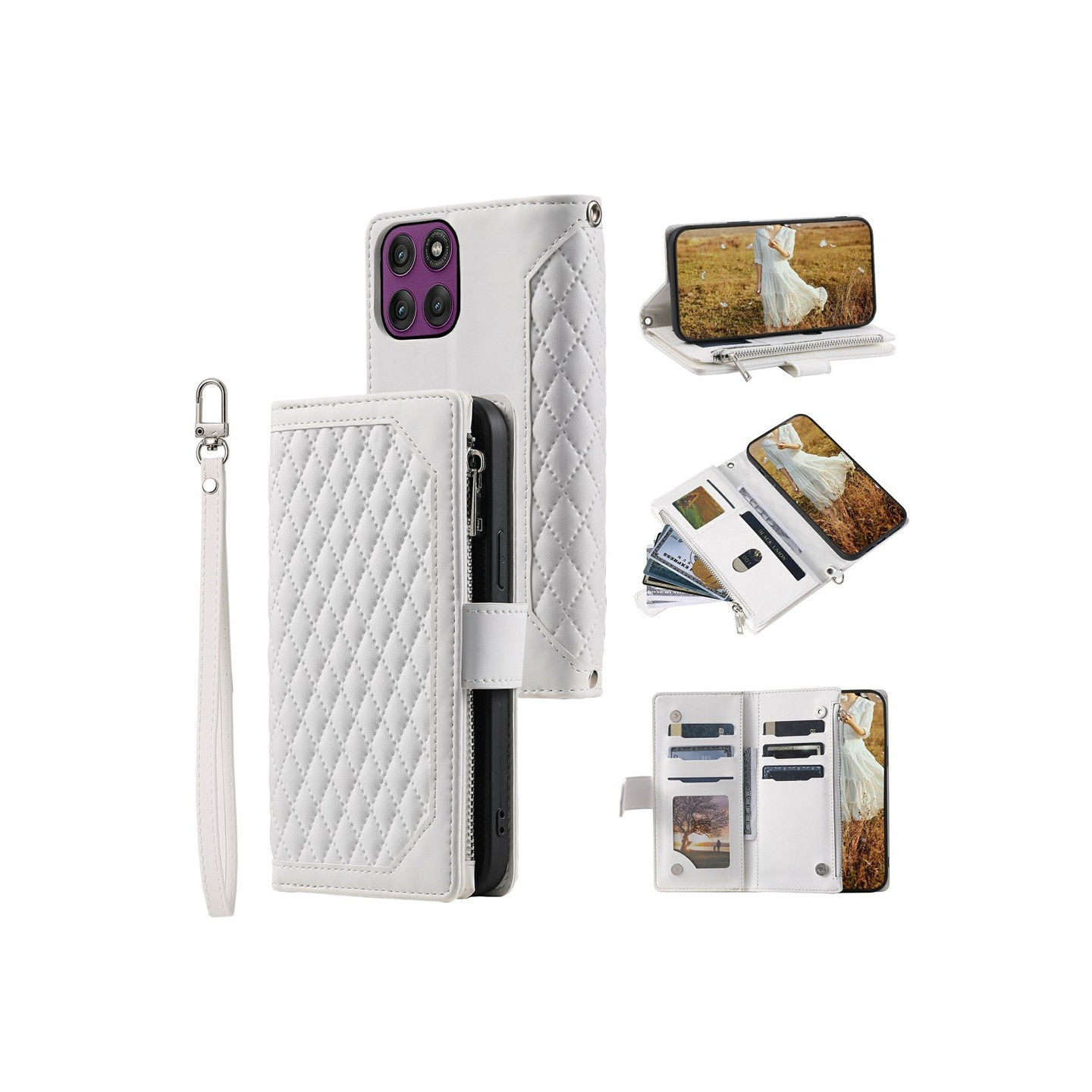 Phone Wallet Case with Rhombus Stitching for Motorola Moto G37 5G / G47 5G