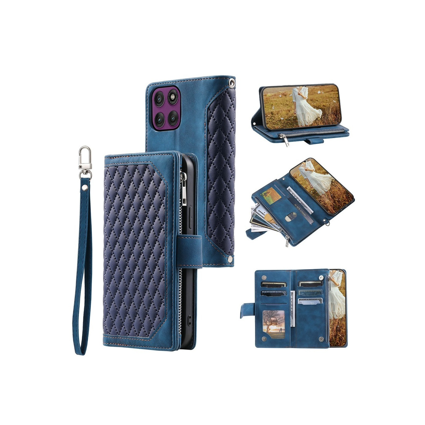 Phone Wallet Case with Rhombus Stitching for Motorola Moto G37 5G / G47 5G