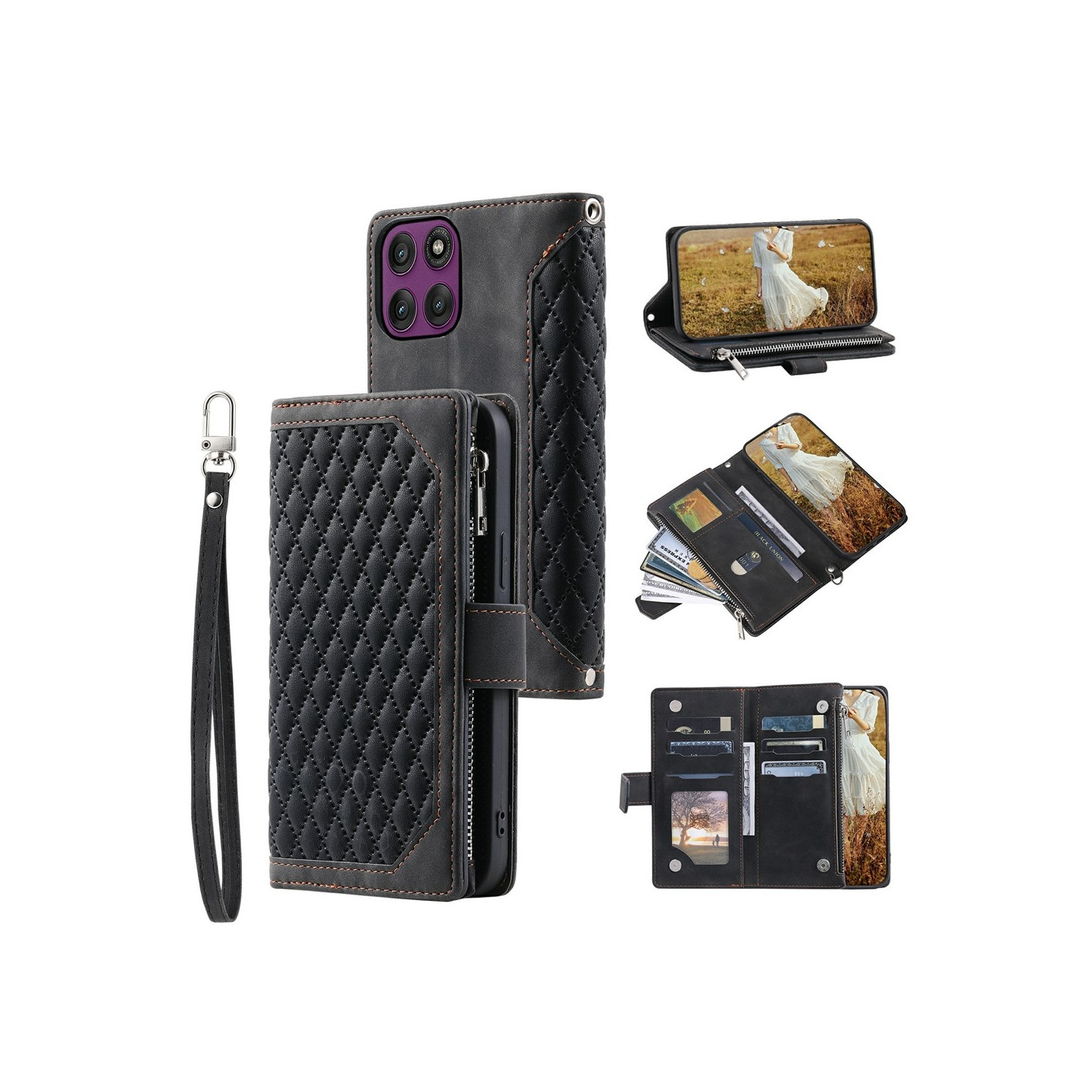Phone Wallet Case with Rhombus Stitching for Motorola Moto G37 5G / G47 5G