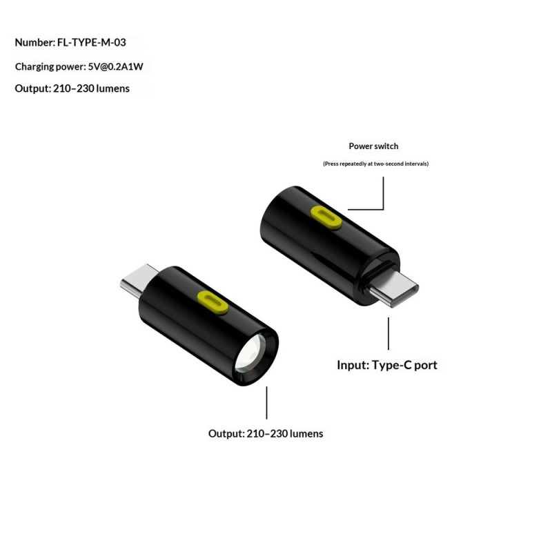 2-pakning med lommelykter: Batterifri minilommelykt med USB-C «Plug & Play», 210–230 lumen