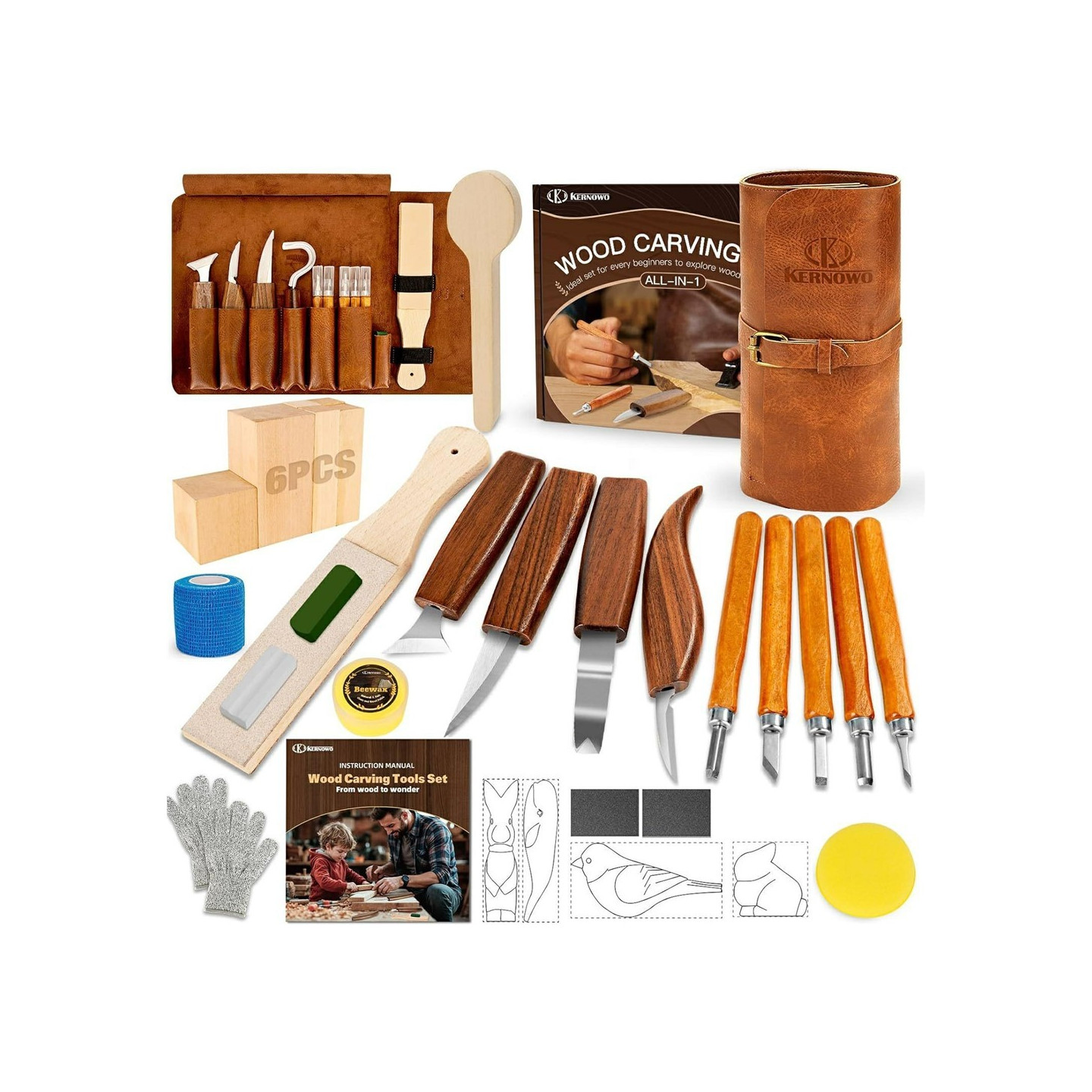 Set of 29 wood carving tools – hand tools and knives in a roll-up case