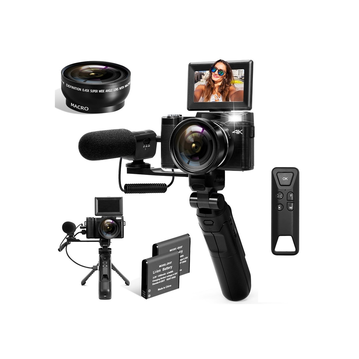 Digitalkamera, videokamera, 4K-kamera, 3-tommers skjerm, mikrofon, stativ, 2 batterier