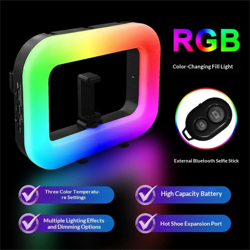 E-30 RGB LED-fotolys – bærbart lys, trinnløs dimming, telefonholder