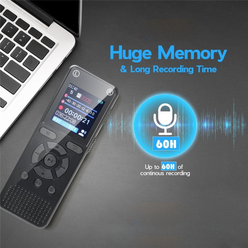 Digital voice recorder, 8 GB memory, noise reduction, 1.44" screen, MP3 player