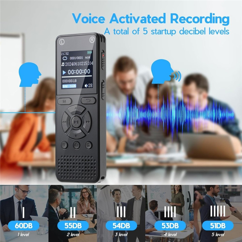 Digital stemmeoptager, 8 GB hukommelse, støjreduktion, 1,44"-skærm, MP3-afspiller