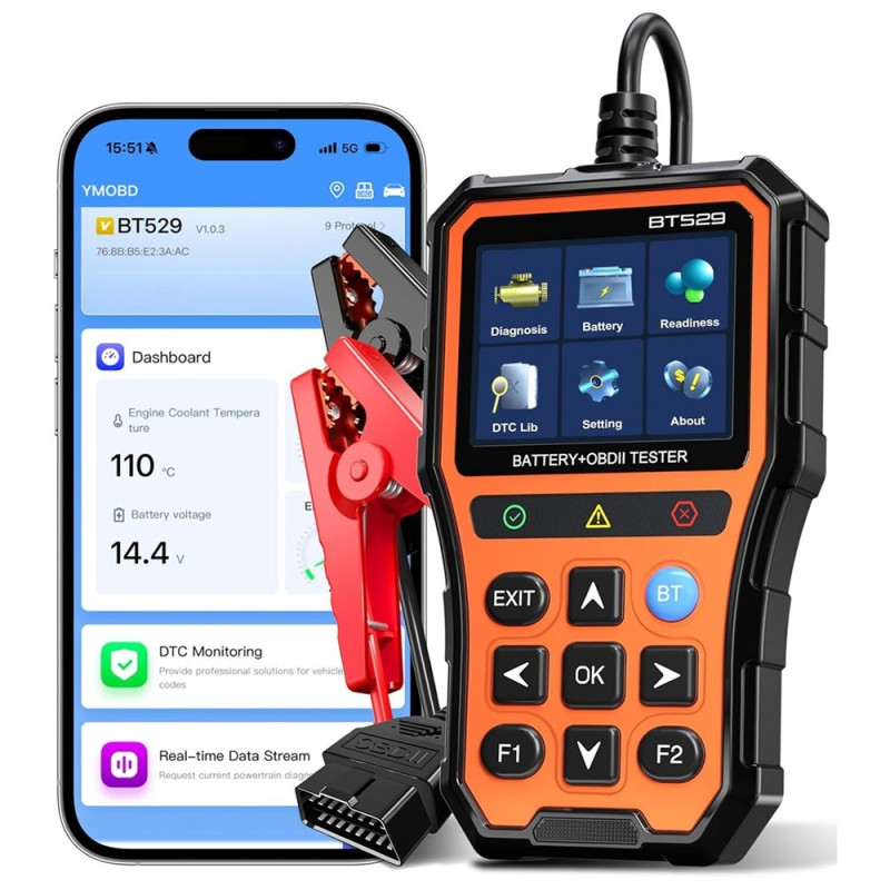 Bluetooth Car Battery Tester and OBDII Fault Code Reader with 2.8" IPS Screen