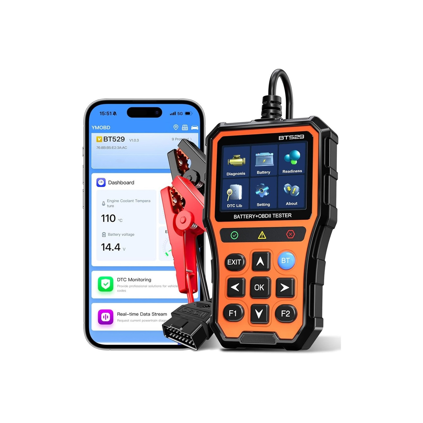 Bluetooth-bilbatteritester og OBDII-fejlkodelæser med 2,8" IPS-skærm