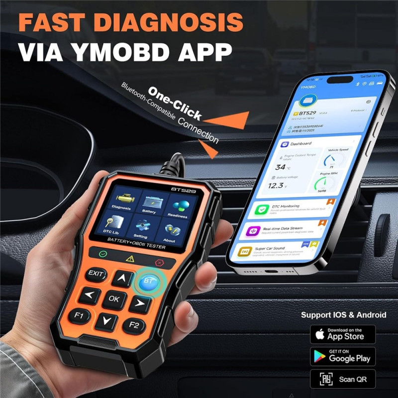 Bluetooth-tester for bilbatteri og OBDII-feilkodeleser med 2,8-tommers IPS-skjerm