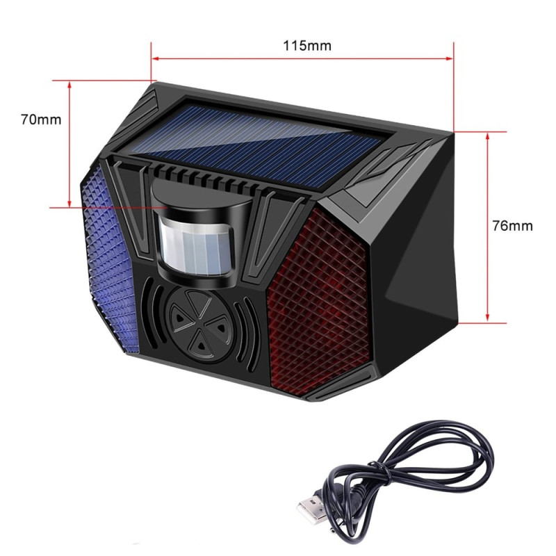 Solar-Powered Motion Sensor Alarm – IP65 Waterproof – Red & Blue LED Deterrent Device