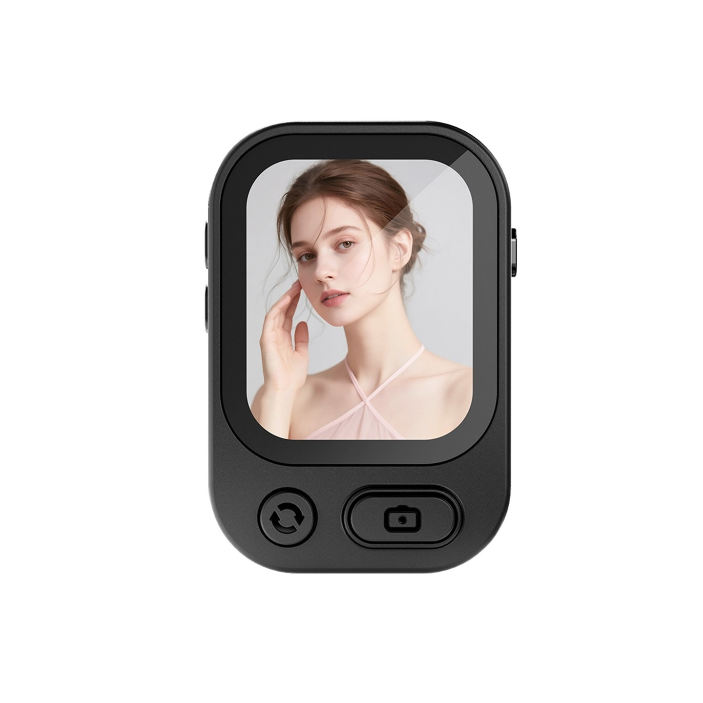 Magnetic selfie screen, rear camera, real-time remote lens switching, and zoom control.