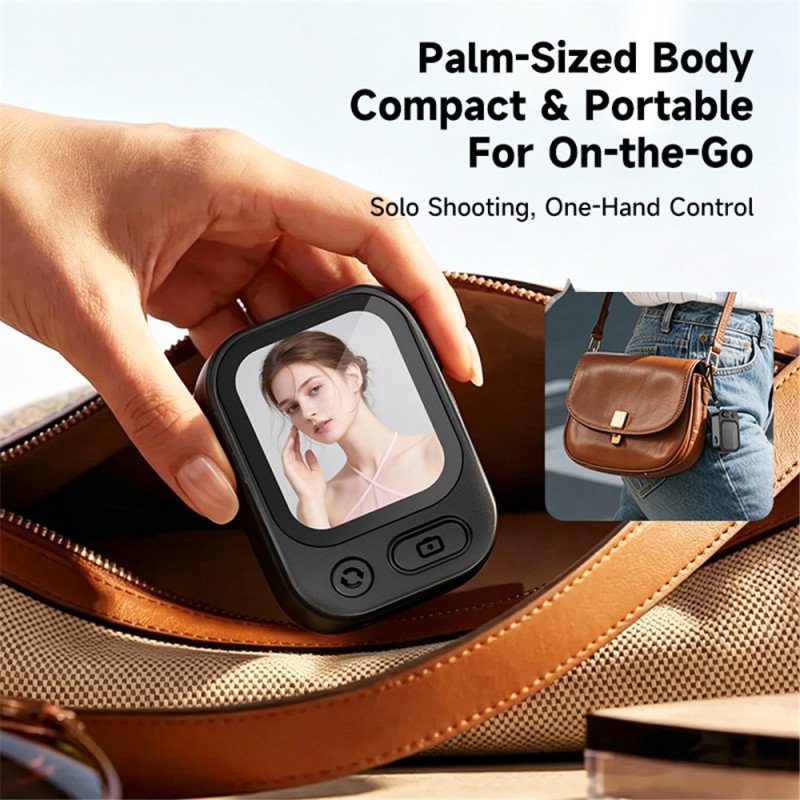 Magnetic selfie screen, rear camera, real-time remote lens switching, and zoom control.