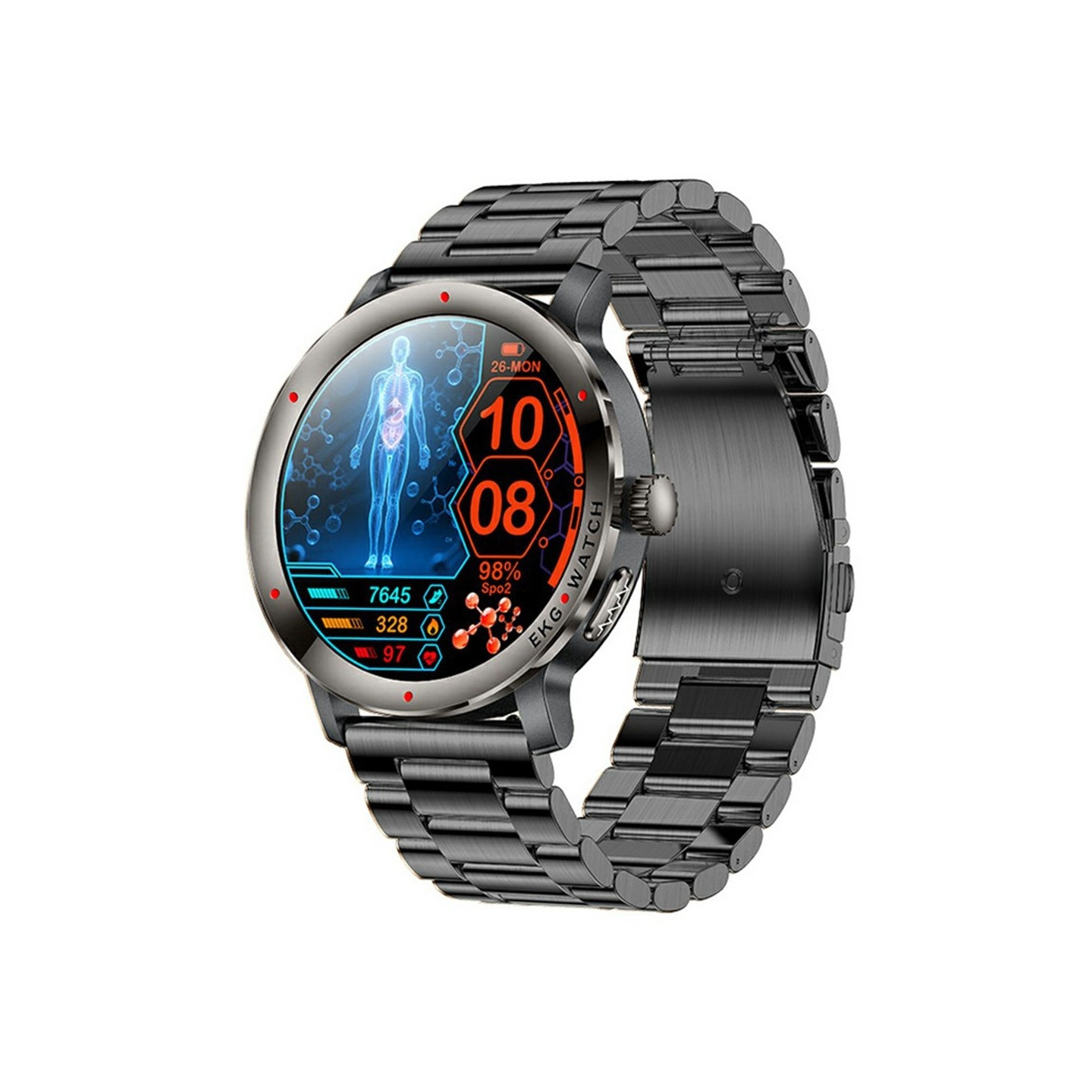 Smartwatch armbånd stål – EKG, pulsmåler, iltmætning, kropstemperatur, 120 sportstilstande