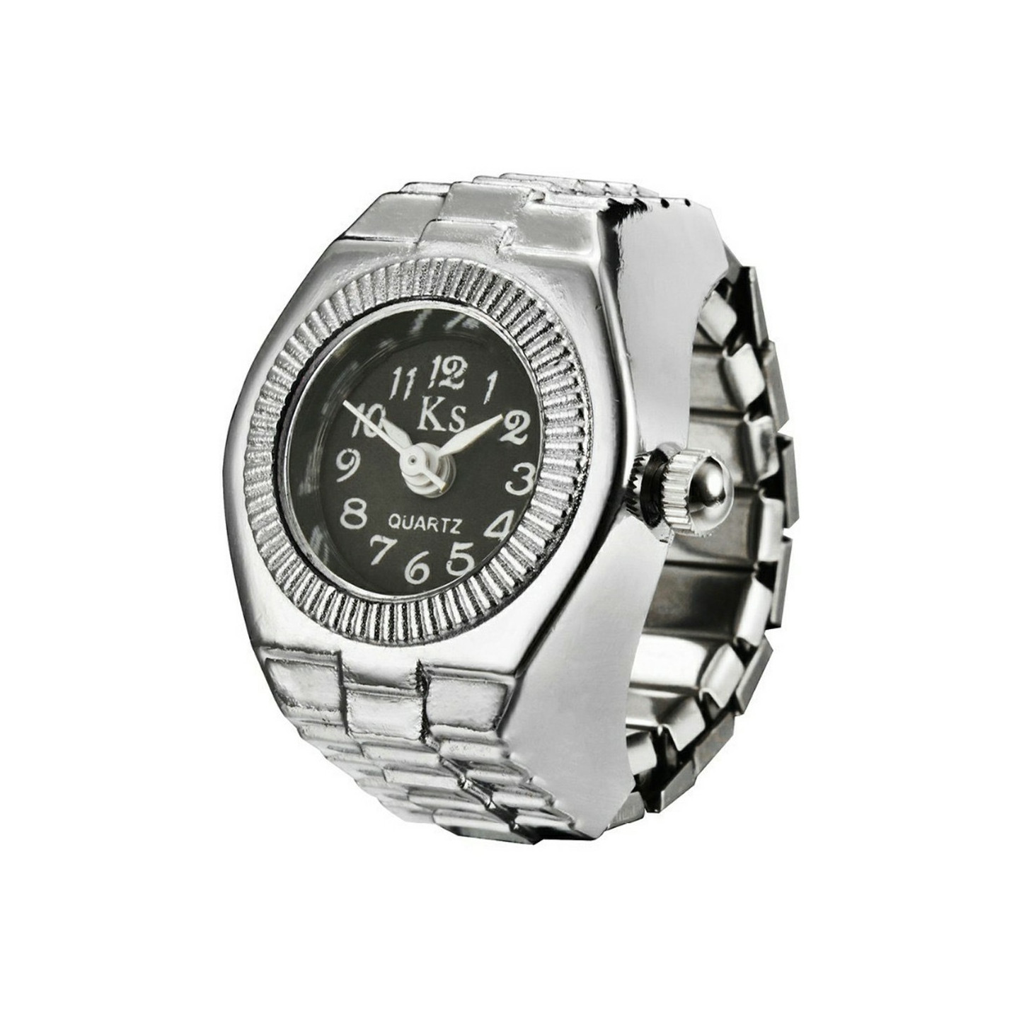 liten KS kvarts fingerklokke klokke metallarmbånd, omkrets 5–6,5 cm – svart