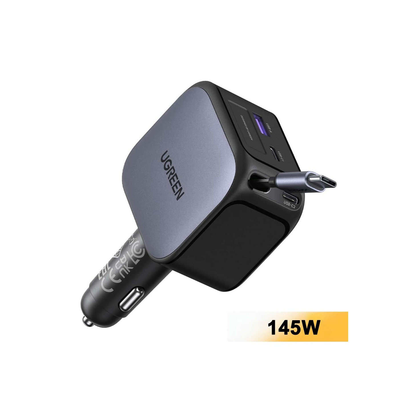 UGREEN 100W hurtig oplader bil (USB-A + 2 USB-C-porte) med indtrækkeligt 60W USB-C-kabel