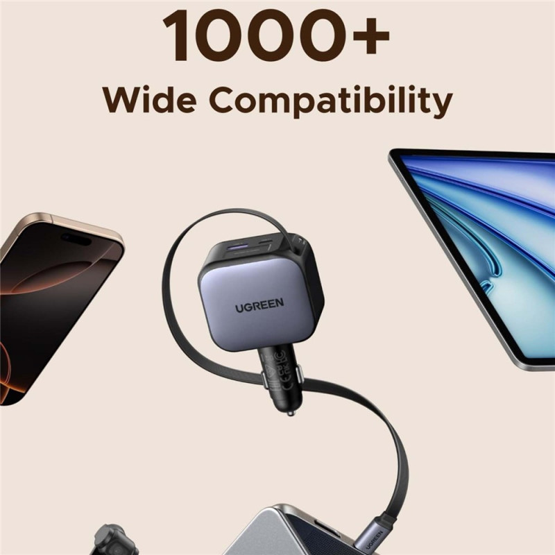 UGREEN 100W Fast Car Charger (USB-A + 2 USB-C Ports) with Retractable 60W USB-C Cable