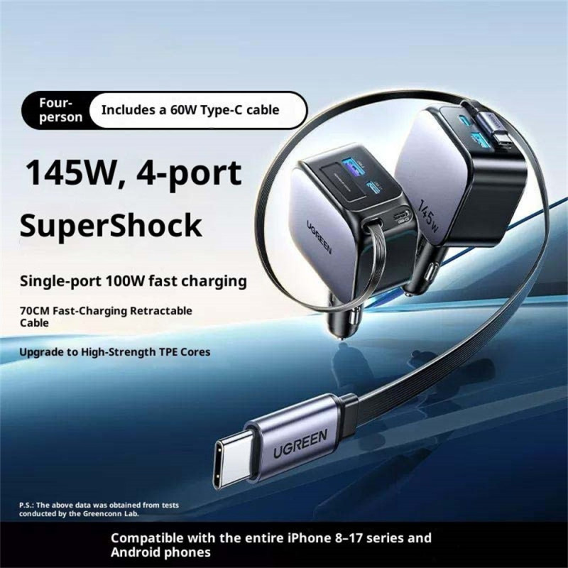 UGREEN 100W hurtig oplader bil (USB-A + 2 USB-C-porte) med indtrækkeligt 60W USB-C-kabel