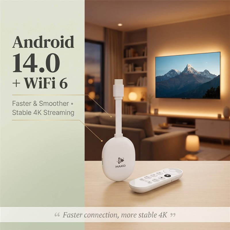 Android TV 14.0 TV-stick (2+16 GB) – Quad-core, 4K, WiFi 6, Bluetooth 5.4 og fjernbetjening