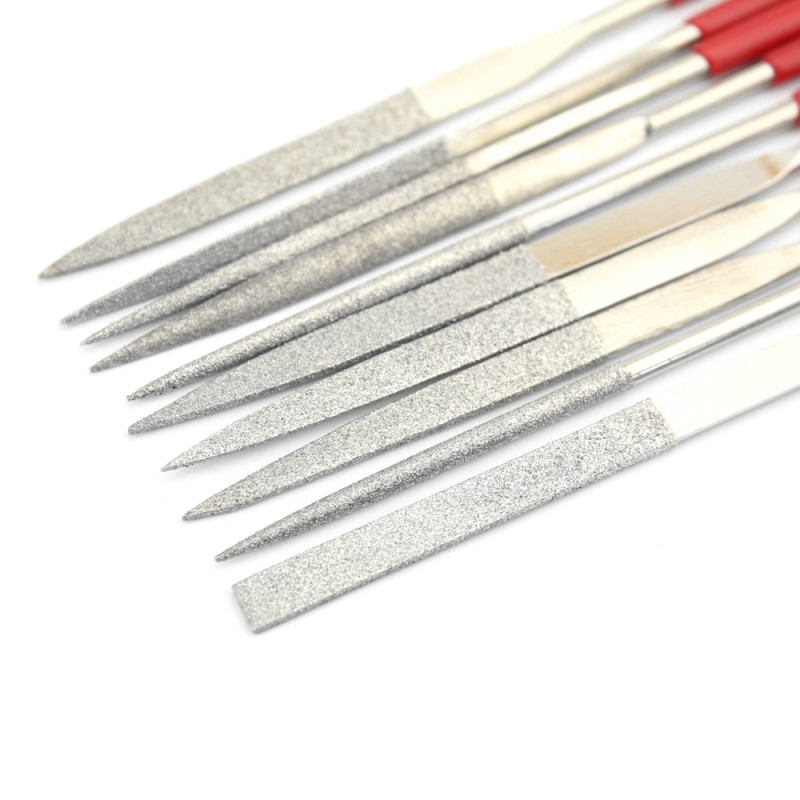 10-piece file set (square, round, and triangular) with rubber-coated handles.